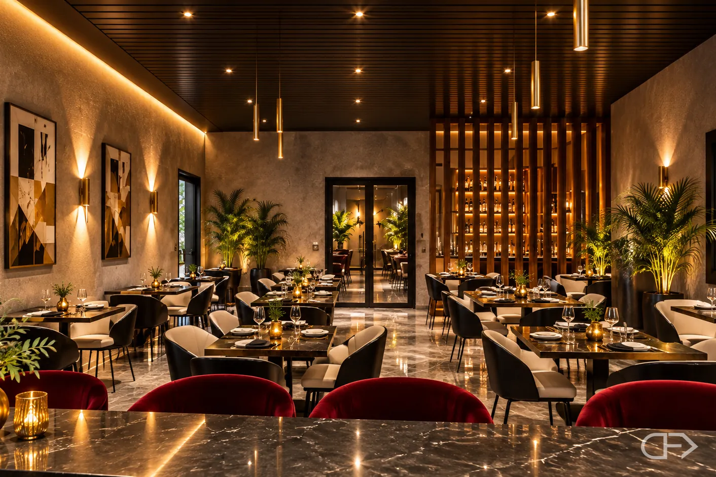 Restaurant à Taouyah, salle principale — perspective 3D